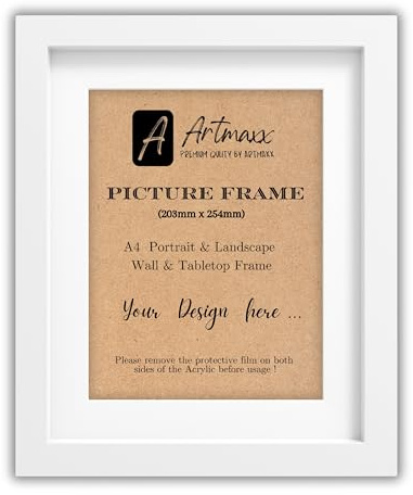 Artmaxx 8x10 White Photo Frame, for Table Top or Wall Mount, Transparent, Non-breaking Acrylic Glass Front, Solid Wood