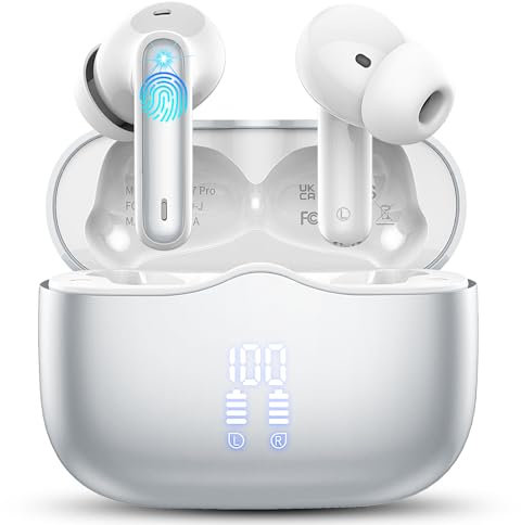 xinwld Wireless Earbuds, Bluetooth 5.4 Headphones in Ear buds, HiFi Stereo Wireless Earphones with 4 ENC Noise Cancelling Mics, 40H Headphones with IP7 Waterproof, Dual LED Display USB C, Argent