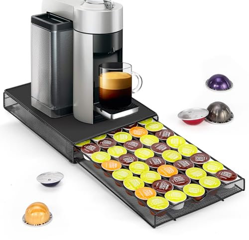 Vinsani Coffee Pod Storage Drawer for 40 Dolce Gusto Capsules – 1-Tier Sliding Drawer Organiser with Non-Slip Surface, Minimalist Space-Saving Coffee Pod Holder for Kitchen Countertop