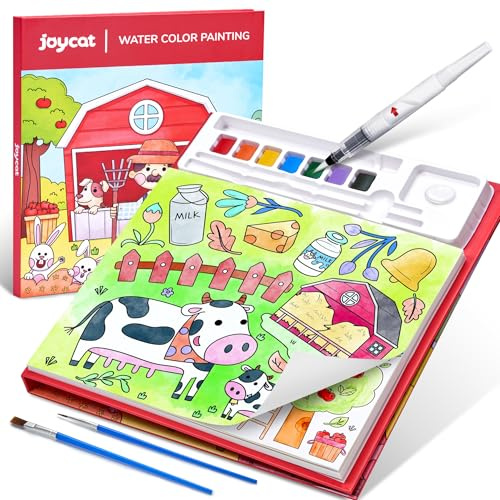 JoyCat Malbuch mit Wasserfarben, Bauernhof, Rot | Malset mit Wasserfarben für Kinder von 3 bis 8 Jahren, kreativer Kunst- und Bastelspaß für Reisen und als Geburtstagsgeschenk