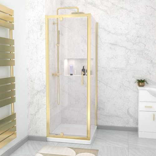 Nes Home Brushed Brass 700 x 700mm Pivot Door Shower Enclosure Side Panel & Tray Set
