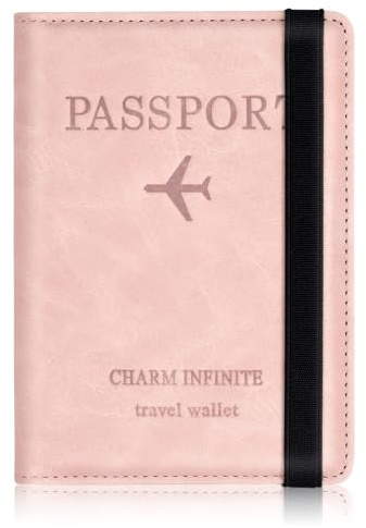 Shirene Porta Passaporto,Porta Passaporto da Viaggio,Custodia Passaporto in Pelle Pu Blocco RFID con Slot per Carte e Cinturino del Passaporto Coperture del Passaporto per Donne e Uomini Rosa