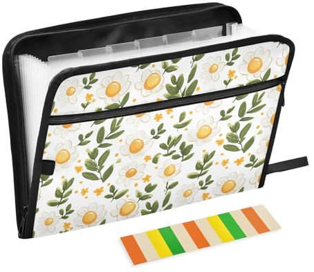 Schnellhefter mit Blumen, Spiegelei-Motiv, erweiterbar, 13 Fächer, A4, Briefgröße, Akkordeon-Aktenordner mit Reißverschluss, Kunststoff, für Klassenzimmer, Zuhause, Büro, Reisen