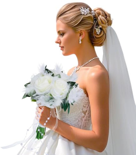 Bouquet di rose da sposa per damigella d'onore, 27,9 cm, con piume bianche, bohémien, bouquet artificiali per sposa, damigella d'onore, con perline, per cerimonie, feste, accessori fotografici