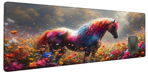 Mauspad XXL 1200x600mm Blume Mousepad Groß Schreibtischunterlage Horse, Gaming Mauspad Gadgets Schreibtisch Zubehör, Wasserdicht Mouse Pad rutschfeste Vernähte Kanten Verbessert Geschwindigkeit N-5