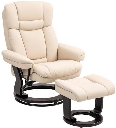 HOMCOM Relaxsessel mit Hocker, 360°drehbarer Fernsehsessel mit Liegefunktion, TV-Sessel mit Taschenfeder für Wohnzimmer, Kunstleder, Cremeweiß