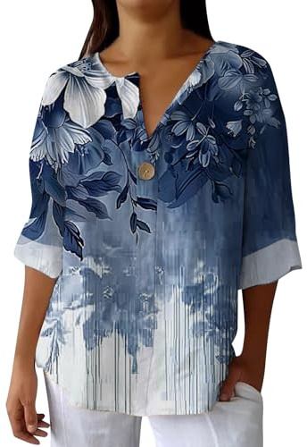 Hrjxfpt Linen Tops for Women UK White Cotton Work Shirts Sale Clearance Womens Cotton Linen Tshirt Top Summer Casual Loose Fit Blouse Tunic Floral Print Button V Neck Short Sleeve Top