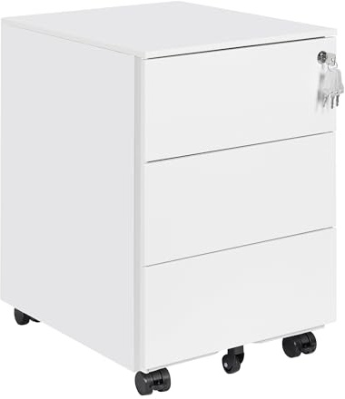 HOMSTEEL Rollcontainer, Mobiler Aktenschrank mit Schloss, 4 Schlüssel, 3 Schubladen, Metallschrank, Bereits Vormontiert, für Büro, Heimbüro, Weiß