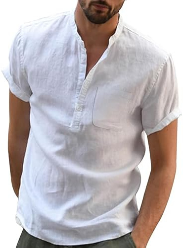 JESDM Henley Chemise d'été à manches courtes en lin pour homme avec poche poitrine Coupe universelle M-3XL