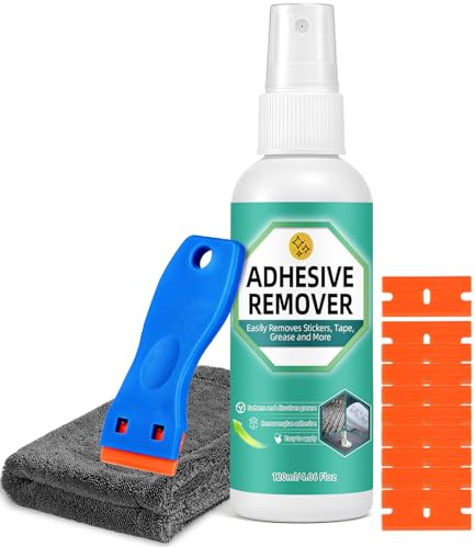 Balldanlu Adhesive Remover Spray, 4.06 Oz Glue Remover with Plastic Scraper and Towel, Surface Safe Sticky Stuff Remover for Car, Windows, Floor, Sticker Remover (1, GREEN)
