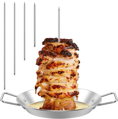 Vertical Meat Skewer Grill Rack Stand Stainless Steel Vertical Meat Skewer BBQ Kebab Machine with 5 Replacement Spikes (6/8/10/12/14Inch) for Whole Chicken Fish Sausage Steak