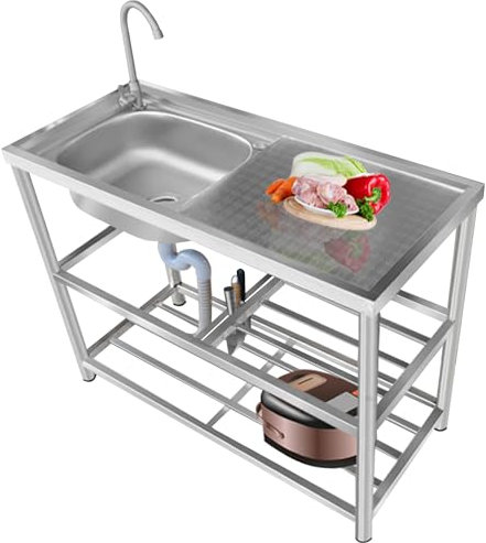 Lavello in acciaio inox indipendente, lavello da cucina a una vasca con scolapiatti, lavello di servizio grande, lavello industriale, stazione lavamani portatile, rubinetto per tubo flessibile