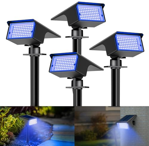 kolpop [4 Stück/ 77 LEDs Solarstrahler für Außen Garten, Blau Solar Strahler, IP65 Wasserdicht, 3 Modi, 800LM Solarleuchten, Dusk to Dawn Solarlampen für Hof Bäume Weg Outdoor Pflanzen