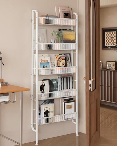 UMDONX Bücherregal gegen Wand, schmales 5 etagiges Metall Bücherregal, Leiterregal, multifunktional für Enge Räume, Weiß（62 x 9 x 160 cm）