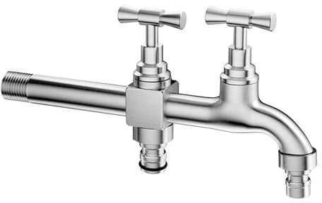 SXWYLZ Rubinetto Doppia Uscita Antigelo Rubinetti da Esterno a Muro Rubinetto per Acqua Fredda da 1/2 per Uso Esterno, Acciaio Inossidabile,Cromo,20 CM