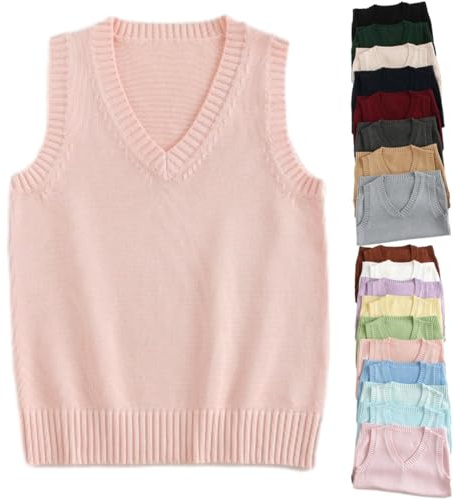 Gilet tricoté ultra doux à col en V pour femme, gilets tricotés femme automne hiver décontractés en coton sans manches pulls de couleur unie gilet pullover, débardeur pour dames, rose, M