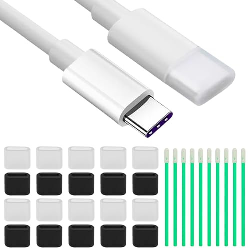 30 st USB C dammskydd port anti-damm plugg set, 2 färger 20 st silikon typ-C hane portskydd + 10 rengöringsverktygssats anti-damm laddningsport skydd för USB-C laddning hanport, svart/klar
