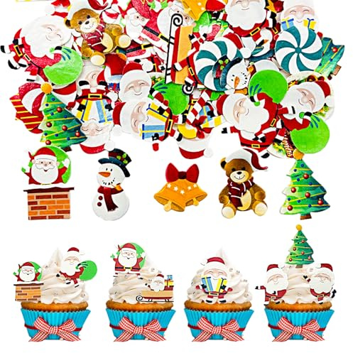 CUVZORA 60 adornos comestibles de Navidad para tartas, decoración de cupcakes, papel comestible para cupcakes, magdalenas, decoración de fiestas