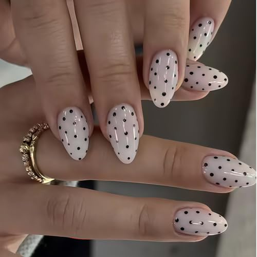 Auroriel 24 Pieces Almond Polka Dot Press On Nails White Black Dots Design Medium Full Cover Glossy Acrylic Artificial Nails For Women
