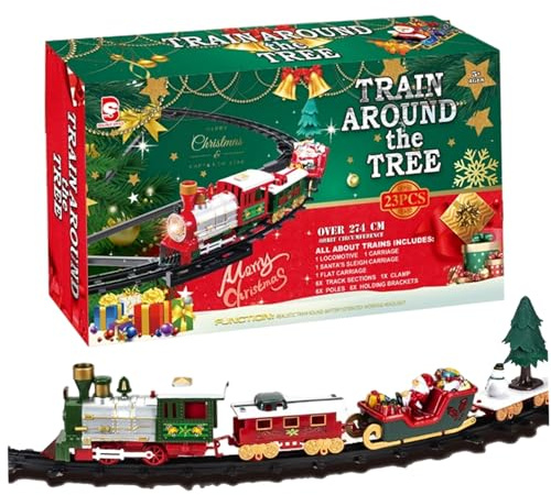 Syglawnd Tren de árbol de Navidad, Juego de Tren de árbol de Navidad con luz y Sonido, Juego Colgante con Locomotora, carruaje, Trineo y vías para Regalos de niños