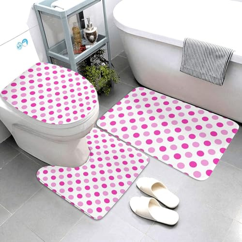 Set di tappeti da bagno da 3 pezzi, motivo a pois rosa shocking, stampa C, assorbente, antiscivolo, lavabile, a forma di U, tappetino per WC, tappetino per il contorno del WC, tappetino per doccia e