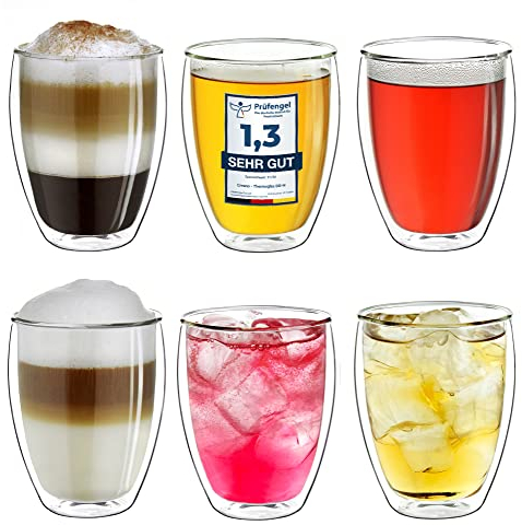 Creano Tazze da cappuccino a doppia parete 250ml DG-Hoch, grande thermos a doppia parete in vetro borosilicato, bicchieri per caffè, tè, latte macchiato Set 03: 6x 250ml 6 pezzi (confezione da 1)