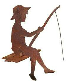 Klocke Edelrost Dekor Rost Figuren für den Garten - Kleiner Angler (Kantenhocker) - Höhe 30cm - Dekofigur/Gartendekoration