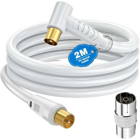 Ancable TV Aerial Cable with Coaxial Adapter 2M White TV Ariel Lead | Right Angled Plug | Coaxial RF Lead Male to Male | Gold-Plated | Satellite Cable TV Antenna