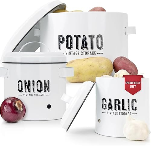 Granrosi Kitchen Vegetable Storage Set for Pantry & Countertop — Set of 3 Kitchen Containers Including Potato Bin, Onion Keeper & Garlic Storage; Rustproof Metal & Aeratic Holes; Farmhouse Style