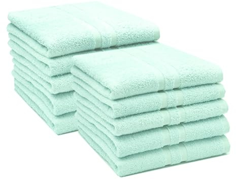 ZOLLNER 10er Set Handtücher in 50x100 cm - Flauschige Duschtücher aus Baumwolle - mit moderner Streifenbordüre - bis 60°C waschbar - mit praktischem Aufhänger - in Mint - Hotelqualität