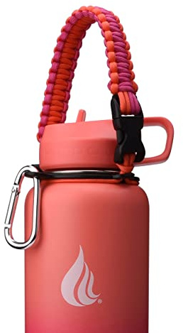 HYDRO CELL Wide Mouth Paracord Handle - Strap Carrier with Safety Ring and Carabiner. Compatible with 18, 24, 32, 40, and 64 oz Stainless Steel Water Bottles (Coral/Punch)