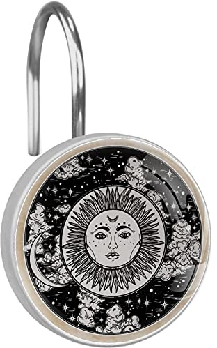 Set di 12 ganci rotondi per tenda da doccia con cielo notturno con sole e luna, anelli per tenda da doccia antiruggine, per il bagno