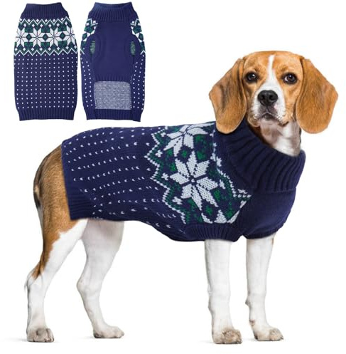 Sweater für Hunde, Bequem Hundepullover mit Geschirr Öffnung, Strick Hundemantel Rollkragenpullover Hundepullover mit Schlaufe, Festlicher Pullover mit Weihnachtsmotiv für Haustiere, Blau L