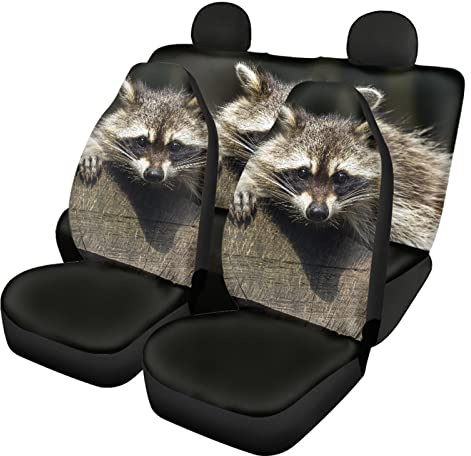 Dolyues 3D-Tier Waschbär-Druck, komplettes Set Universal-Autositzbezüge, Sitzbezug- und Rückenschutzbezüge für SUV, LKW, Lieferwagen