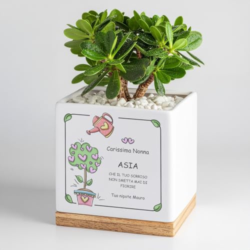 Maverton Vaso per piante, ceramica, stampa personalizzata | Vassoio sottovaso, fioriera quadrata, dimensioni 13,5 x 13 x 13 cm, regalo di compleanno, pensiero per donna, albero d’amore