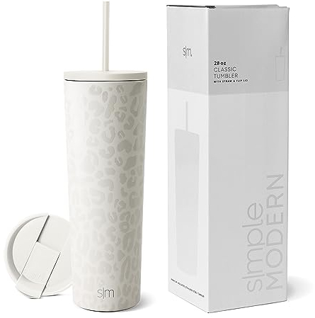 Simple Modern Thermobecher mit Strohhalm und Deckel | Trinkbecher mit Henkel Wiederverwendbare Edelstahl | Geschenke für Frauen und Männer | Classic | 830ml | Cream Leopard