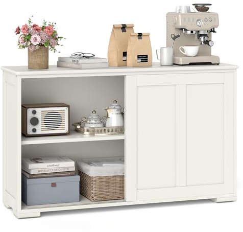 Giantex Buffet Cuisine Rangement, 2 Portes Coulissantes, Étagère Réglable, Armoire Cuisine 2 Compartimens, Buffet Salon Bas pour Salle à Manger, Cuisine, Salon, 106,5 x 33 x 60 cm (Blanc crème)
