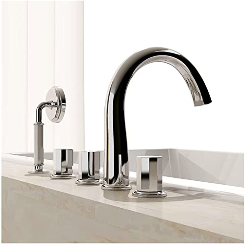 Badewannenarmatur Mit Handbrause, Badewannen Amaturen Set,Mischbatterie Badewanne Aus Messing,DREI Griff, FüNf-Loch-Wasserhahn Badewanne,Wannenarmatur,Wannenrandmontierter Wasserhahn