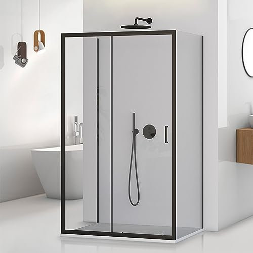 Box doccia 3 lati 80x100x80 cm nero opaco H 195 cm, porta scorrevole e 2 parete fisse con vetro trasparente e installazione reversibile, Tay