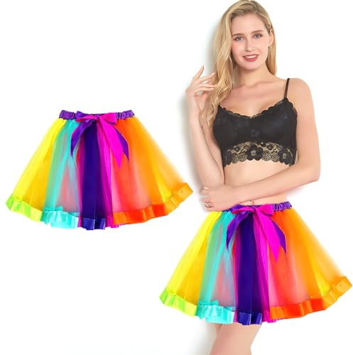 Femme Ballet Tutu Tulle Jupes, Jupes en Tulle Arc-en-Ciel, Danse Jupe Femme Vintage Multi-Couleur Taille Élastique, Vêtements de fête, Costume pour Halloween Rock Party Festival Célébration
