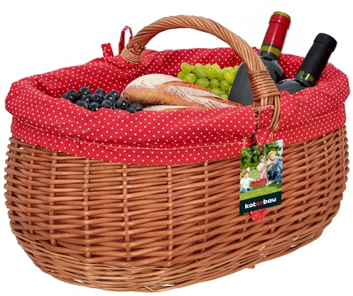 KOTARBAU® Natural Weidenkorb mit Henkel groß | mit Stoffeinlage in Rot | Tragekorb aus Weide Einkaufskorb geflochten Weide Weidenkörbe mit Henkel Einkaufskörbe Picknickkorb geflochten
