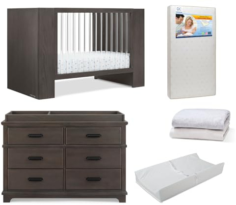 Delta Children Aerin Crib 6-Piece Baby Nursery Furniture Set–Includes: Convertible Crib, 6 Drawer Dresser, Changing Top, Crib Mattress, Sheets & Changing Pad, Rustic Grey