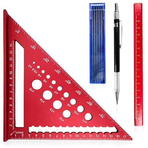 7 inch Speed Square Metric with 14 Types of Drill Holes,Triangle Ruler,Aluminum Alloy Carpenters Measuring Square,Carpentry Tools and Equipment (Red)