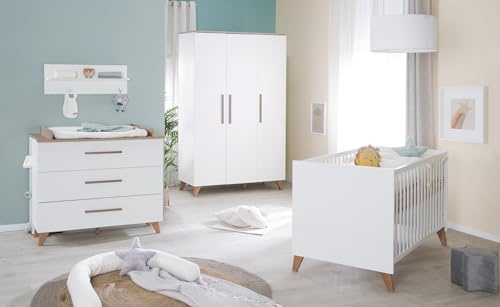 roba Kinderzimmer Set 3-teilig Ole - Kinderbett 70 x 140 cm umbaubar + Wickelkommode mit 3 Schubladen + Kinderkleiderschrank - Griffe & Füße aus Massivholz - Weiß/Dunkle Eiche