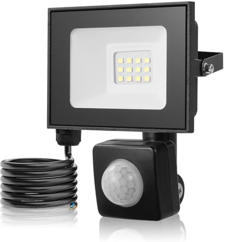Bellanny Security Lights Outdoor Motion Sensor, 10W 1000LM PIR Flood Light, IP66 Waterproof Outside Lights with Sensor | 3000K Warm LED Floodlight Wall Light Mains Powered for Garden, Backyard, Garage