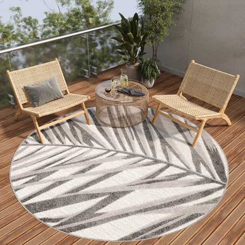 TAPISO Patio Rund Teppich Outdoor Indoor Beige Grau Creme Blätter Sisaloptik Strapazierfähig Wetterfest UV-Beständig Wohnzimmer ÖKO-TEX 80 x 80 cm