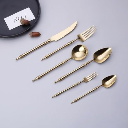 Light Luxury Legendary Roman Pillar Handle Kitchen Stainless Steel Silverware Tableware Flatware Cutlery Set Steak Knife Fork Spoon Teaspoon (Gold,24 pieces)