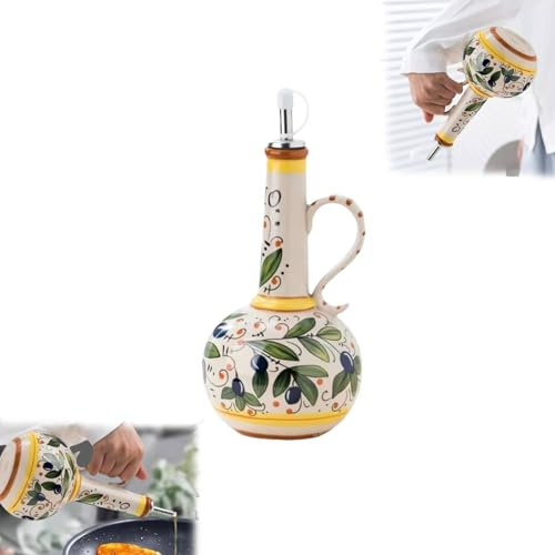 Pessrrtewg Flacon distributeur d'huile d'olive italien en céramique 652 g peint à la main avec poignée, pour huiles, vinaigre, sirops de café, sauces