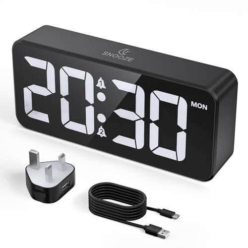 CHEREEKI Alarm Clock Bedside Mains Powered, Digital Clock with Large LED Display, Dual Alarm, Snooze, 10 Ringtones, 3 Alarm Schedule, Adjustable Brightness and Volume, USB Charging Port, 12/24H