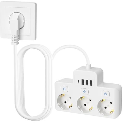 WIYETY 3-fach Steckdosenleiste einzeln schaltbar, mit 3x USB+Typ C (5V/3,4A), Kindersicherung, 1,5m Kabel, 4000W/16A, Kindersicherung